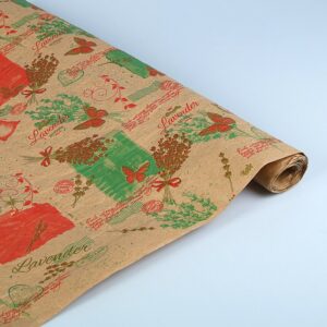 Флористическая крафт бумага жатая "Lavender", 70 см х 5 м, бурый/красный-зеленый-фисташка