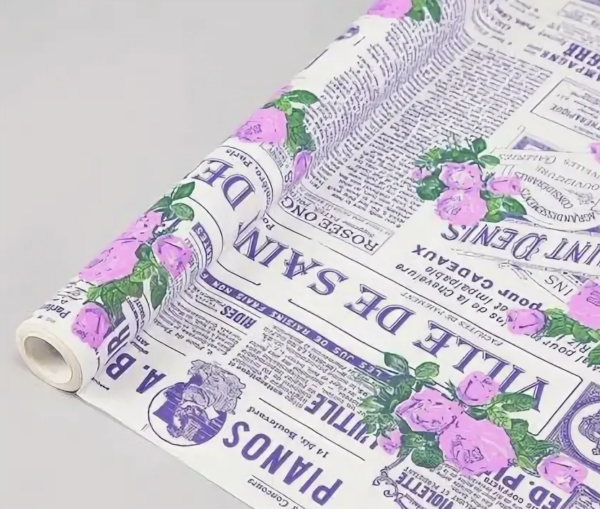Флористическая крафт бумага "Кутюрье", 70 см x 10 ярд, белый / фиолетовый-сиреневый-зеленый