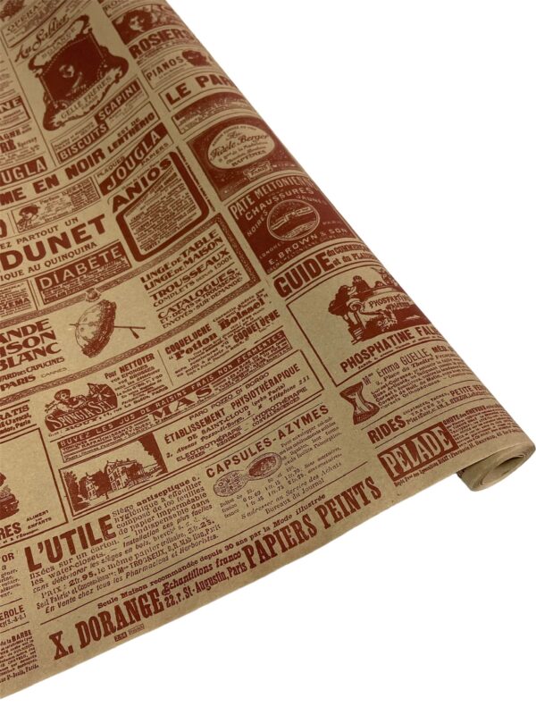 Флористическая крафт бумага "Винтажная газета", 70 см x 10 ярд, бурый / бордовый