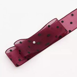 Лента "ГОРОШЕК" полиэстр 25мм*30ярд, винный/черный