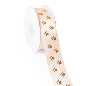 Лента Атлас с цветами Светло-персиковый / 25 мм * 22,85 м