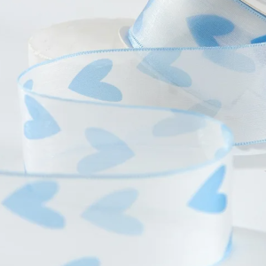 Лента органза "Воздушные сердца", 2,5см*20ярд, голубой