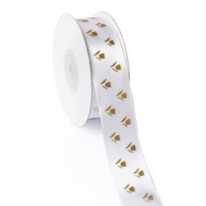 Лента Атлас с цветами Белый / 25 мм * 22,85 м