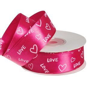 Лента атласная с принтом "Love", 25mmх25yards, цв. розовый с белым